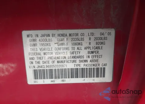 2005 Acura Tsx z USA, uszkodzony, nr VIN JH4CL96805C020971